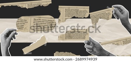 Halftone hand holding piece of newspaper vintage collage, Torn scrap of paper news retro banner, Vecton illustration.