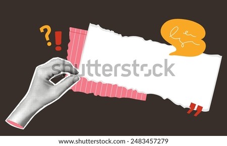 Halftone hand holding ragged paper sheet with copy space. Collage banner. Template for question and answer, quotation or news title. Graphic background with montage elements. Vector illustration.