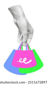 Mão de meio-tom segurando compras ou sacos de presente colagem na moda corte adesivo. Venda, desconto, compras on-line e entrega. Ilustração vetorial Y2k retrô moderna isolada no fundo transparente