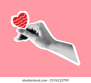 Halftone hand holding small red heart collage vector illustration. Symbolizing love affection and care composition on pink background