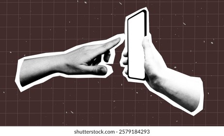 halftone hand holding smart  phone. Modern monochrome vector rock illustration punk design poster in trendy halfton Collage style	

