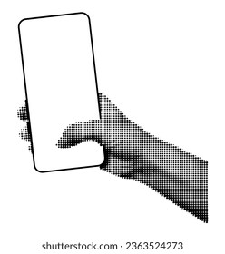 Halftone hand holding smartphone with blank screen vertically and touching the display. Hand gesture, mock up phone template. Vector illustration isolated on transparent background