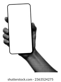 Halftone hand holding smartphone with blank screen vertically. Hand gesture, mock up phone template for product promotion design. Vector illustration isolated on transparent background