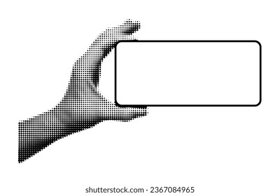 Halftone hand holding smartphone with blank screen horizontally. Hand gesture, mock up phone template for presentation, sale, promotion. Vector illustration isolated on transparent background