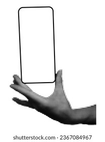 Mano media sosteniendo el smartphone con pantalla en blanco verticalmente. Gesto de mano, burlarse de la plantilla de teléfono para el moderno diseño de medios mixtos retro. Ilustración del vector aislada en fondo transparente