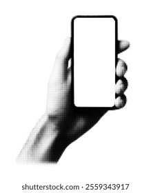 Halftone hand holding smartphone blank screen. Black and white dotted design phone in hand mobile technology minimal isolated digital concept.