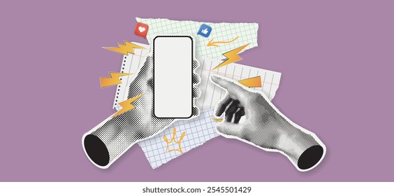 Halftone hand holding smartphone trendy collage paper cut out. Pop art paper cut hand. hands with a smartphone. Scrapbooking halftone cutout collage.