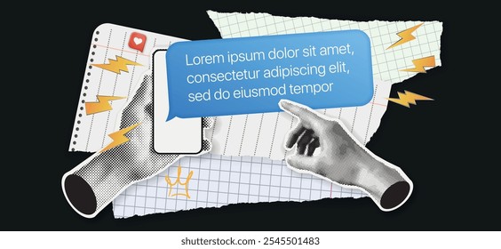 Halftone hand holding smartphone trendy collage paper cut out. Pop art paper cut hand. hands with a smartphone. Scrapbooking halftone cutout collage.