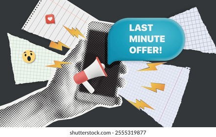 Halftone hand holding smartphone trendy collage paper cut out. Pop art paper cut hand. hands with a smartphone. Scrapbooking halftone cutout collage.