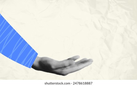 Halftone hand holding something collage element isolated on crumpled paper texture background. Banner template for product promotion and copy space for text. Modern retro vector illustration