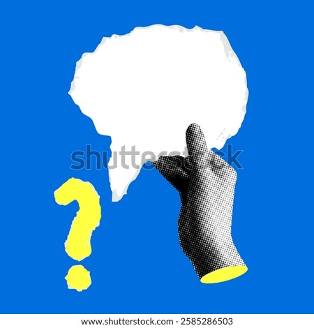Halftone hand holding speech bubble. Paper cutout question mark. Torn paper. Modern collage. Question answer sign. Problem and solution concept