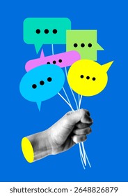 Mão de meio-tom segurando bolhas de fala. Conceito de pesquisar pessoas. Recolha de opiniões diferentes. Сconceito de influência e blogagem. Colagem moderna