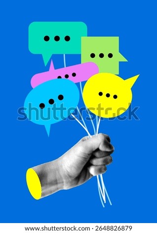 Halftone hand holding speech bubbles. Concept of surveying people. Collecting different opinions. Сoncept of influence and blogging. Modern collage