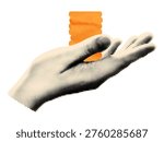 Halftone hand holding stack of gold coins. Paper clipping shape and vintage dotted texture. Save money, finance, payment, cash concept sticker for collage. Modern retro vector illustration isolated