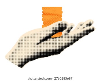 Halftone hand holding stack of gold coins. Paper clipping shape and vintage dotted texture. Save money, finance, payment, cash concept sticker for collage. Modern retro vector illustration isolated