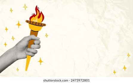 Halftone hand holding torch with burning fire on crumpled paper dotted background. Modern retro vector illustration banner for mixed media design