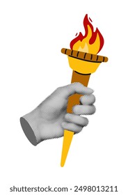 Halftone hand holding torch with burning fire trendy collage element. Modern retro vector illustration isolated on transparent background