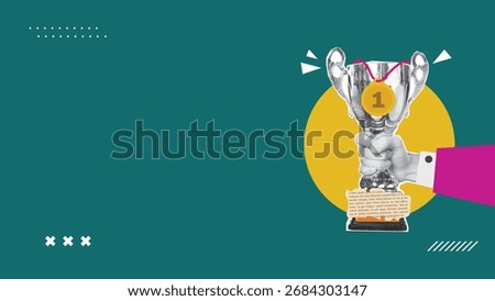Halftone hand holding trophy cup trendy collage with copy space