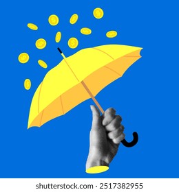 Halftone hand holding umbrella protecting from golden rain. Modern collage. Insurance concept. Loss of financial benefit. Cut out newspaper elements