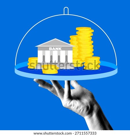 Halftone hand holding waiter tray platter with a stack of money and  bank building. Financial and economic crisis. Eating into savings. Modern collage. Management of the Federal Reserve System