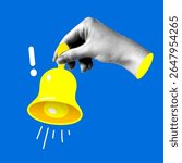 Halftone hand holds a bell. Danger alert notification. Calling attention. Important message. Ringing bell. Modern collage