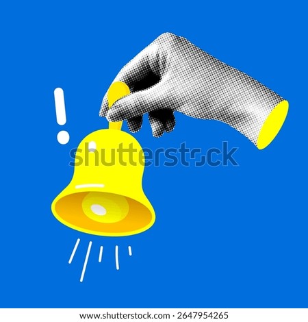 Halftone hand holds a bell. Danger alert notification. Calling attention. Important message. Ringing bell. Modern collage
