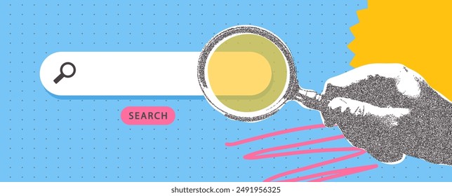 Halftone hand holds a magnifying glass over white search bar with magnifying glass icon. Modern collage, online search. Vector illustration