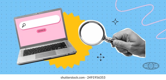 Halftone hand holds magnifying glass, search bar with magnifying glass icon in the laptop. Modern collage, online search. Vector illustration