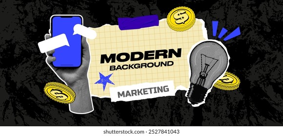 Half-tone Hand holds a mobile phone with chat. Contemporary banner about marketing. Collage lamp, coins, and speech box on the background of paper glued on tape. Text and texture for your business.