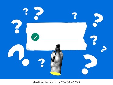 Halftone hand holds piece of paper with check mark and a place for an answer. Question marks around. Modern collage. Question answer sign. Problem and solution concept. Quiz illustration