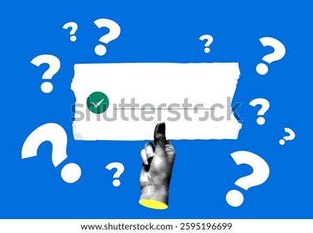 Halftone hand holds piece of paper with check mark and a place for an answer. Question marks around. Modern collage. Question answer sign. Problem and solution concept. Quiz illustration
