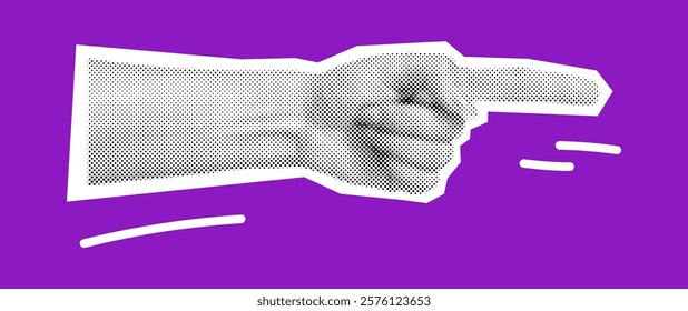 Halftone hand with index finger pointing right vector illustration. Direction instruction in dynamic stylized manner in body language on purple background