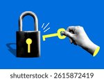 Halftone hand inserts key into padlock. Data protection, security concept. Safety and privacy. Modern collage