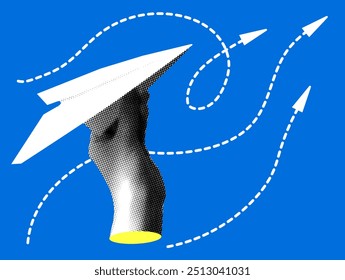 Halftone hand launching paper airplane. Business startup concept. Starting a business. Development of different ideas concept. Office communication. Concept of email, notifications, messages