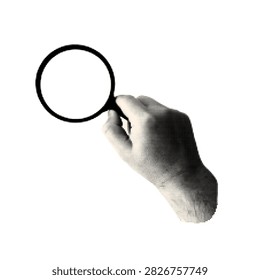 Halftone hand with magnifier for collage. Hand with magnifying glass isolated on white background. Trendy vintage monochrome vector illustration.