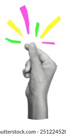 Halftone hand making finger snap gesture with colorful cut out lines radiating outward paper sticker, symbolizing emphasis, idea, it's easy. Modern retro vector illustration on transparent background