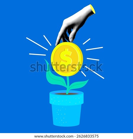 Halftone hand picks coin growing from pot. Investment concept. Money tree, plant. Successful new small business. Modern collage