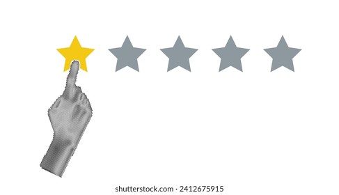 Halftone hand pointing, finger push to one star rating. Feedback, reputation and quality concept. Vector illustration