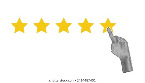 Señalando con la mano el semitono, empujando el dedo a la clasificación de cinco estrellas. Opiniones, reputación y concepto de calidad. Ilustración del vector