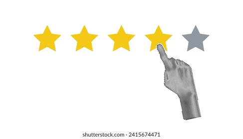 Halftone hand pointing, finger push to four star rating. Feedback, reputation and quality concept. Vector illustration