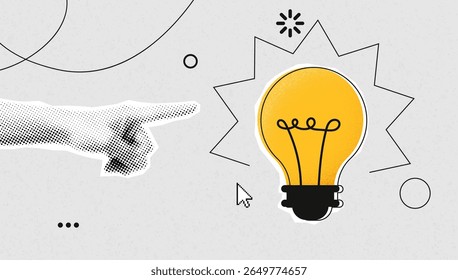 Halftone Hand Pointing at Yellow Lightbulb — Creative Idea Concept