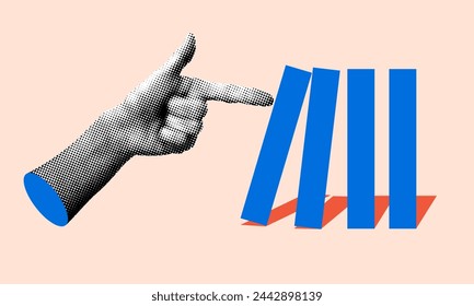 Halftone hand pushes sales chart. Modern collage. Financial market collapse. Financial crisis concept. Control of big corporations. Business monopoly. Small business destruction concept