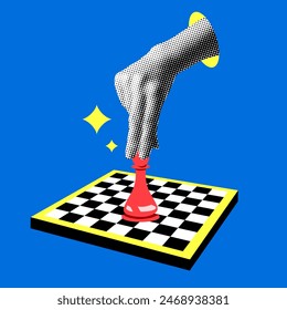 Halftone hand puts chess on the chessboard. Pop art style modern collage. Marketing strategy concept. Business planning. Hand holding pawn