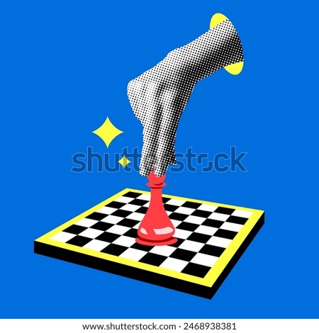 Halftone hand puts chess on the chessboard. Pop art style modern collage. Marketing strategy concept. Business planning. Hand holding pawn