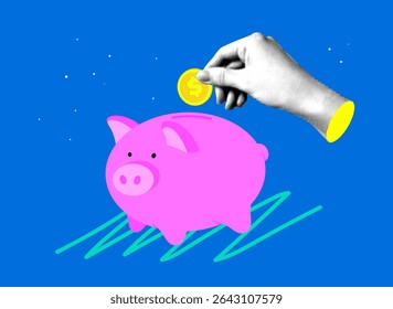A mão de meio-tom coloca moeda em um cofrinho. Conceitos de poupança, investimentos, depósitos. Ganhar dinheiro. Literacia financeira. Almofada de segurança financeira. Economizando dinheiro para o fundo de aposentadoria. Colagem moderna