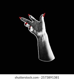 Halftone hand with red nails manicure noise photocopy effect vector illustration. Vintage palm five fingers gesture grunge pop art. Y2K human body part grainy design. Halloween zombie arm on black