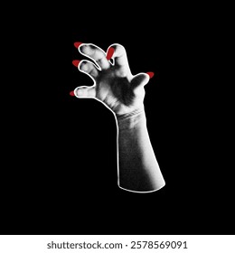 Halftone hand with red nails manicure retro photocopy effect. Halloween zombie hand with curve fingers vector illustration. Grunge arm grainy design. Pop art dotted texture human body part on black