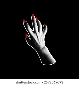 Halftone hand with red nails manicure retro photocopy effect. Halloween zombie hand with curve fingers stretches upwards. Grunge arm grainy design. Pop art dotted texture vector illustration on black