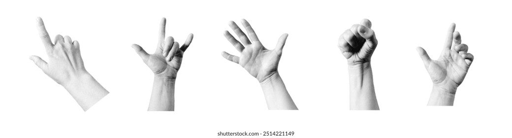 Halftone hand. Retro collage elements set. Trendy vintage collection of hands gesture signs