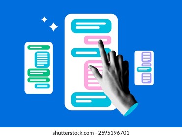 Halftone hand scrolling chats. Modern collage. Internet communication concept. Person selects a working window on the phone. Using social media